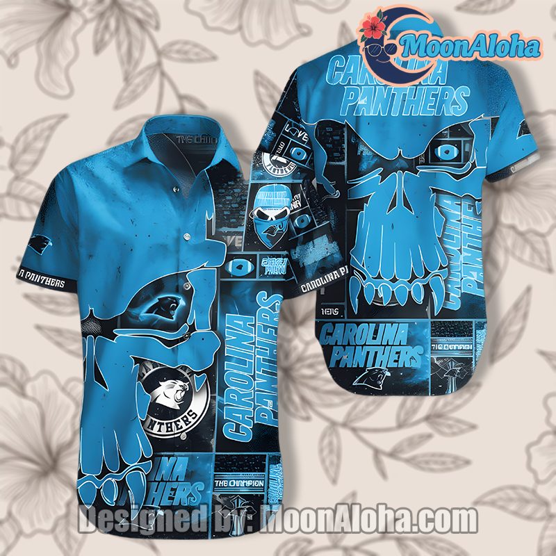 Carolina Panthers Blue Aloha Shirt With Cool Skull Design image 1 Carolina Panthers Blue Aloha Shirt With Cool Skull Design image 1