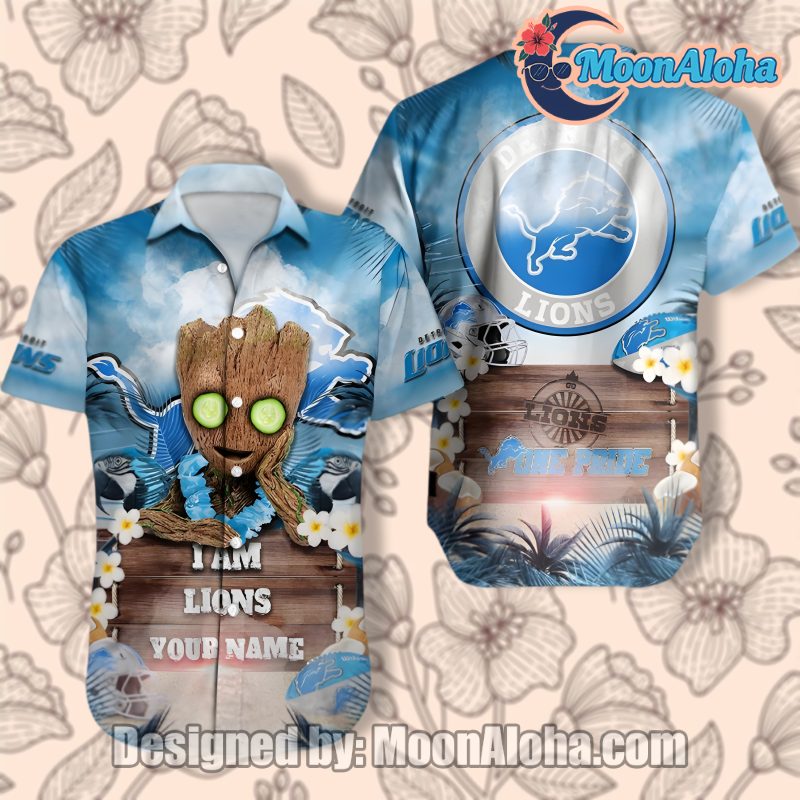 Detroit Lions Baby Groot Floral Blue Modern Aloha Shirt image 1 Detroit Lions Baby Groot Floral Blue Modern Aloha Shirt image 1