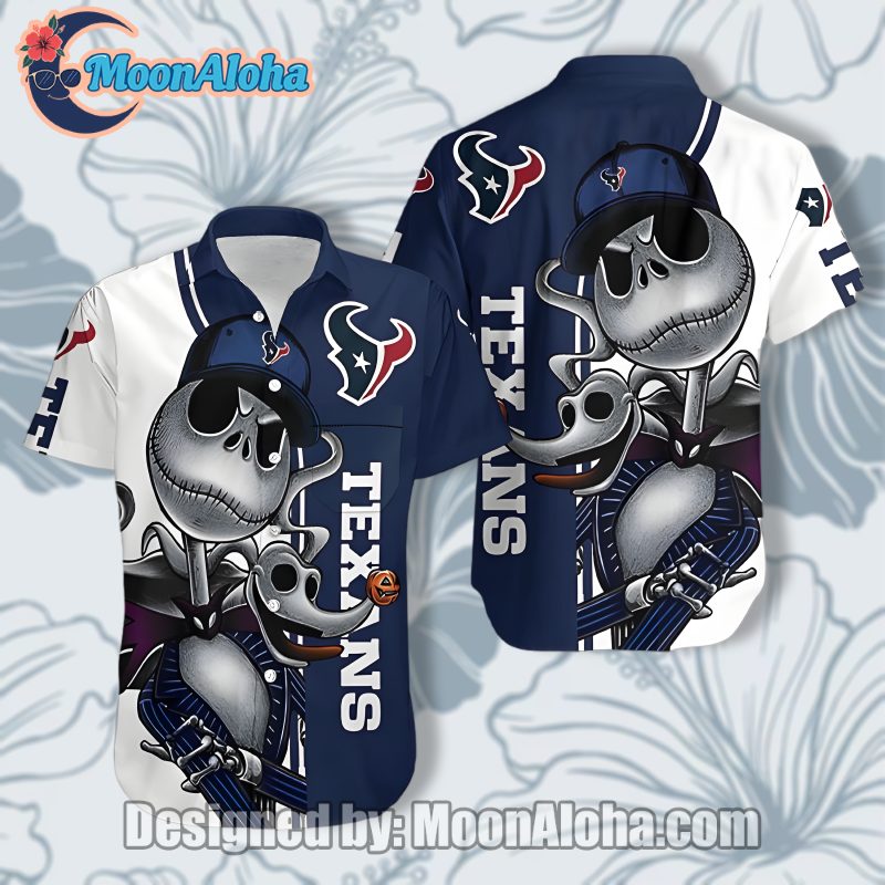 Houston Texans Jack Skellington Halloween Theme Hawaiian Shirt image 1 Houston Texans Jack Skellington Halloween Theme Hawaiian Shirt image 1