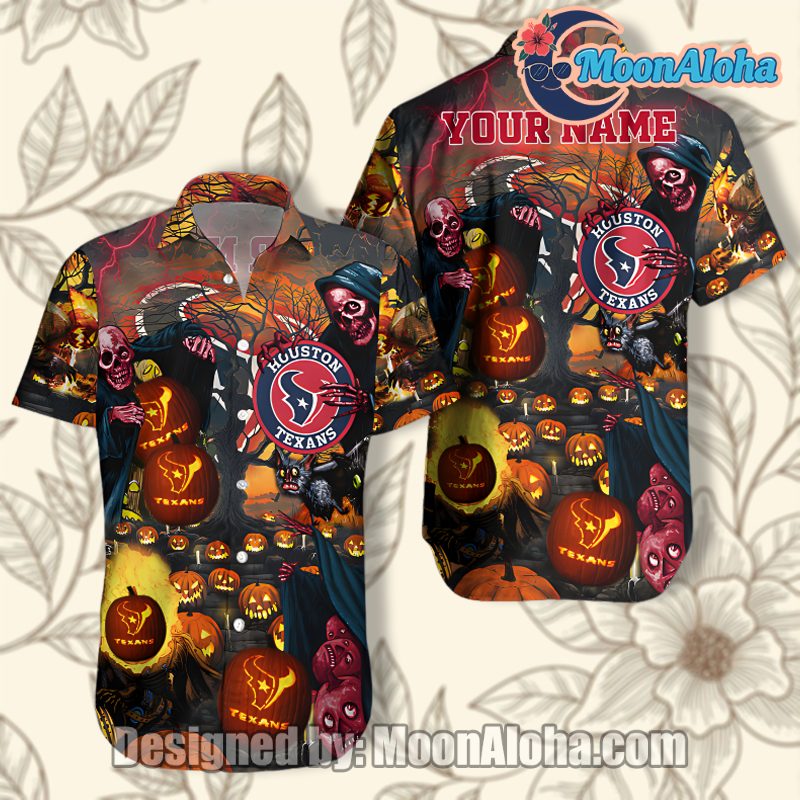 Houston Texans Pumpkin Halloween Aloha Shirt For Men image 1 Houston Texans Pumpkin Halloween Aloha Shirt For Men image 1