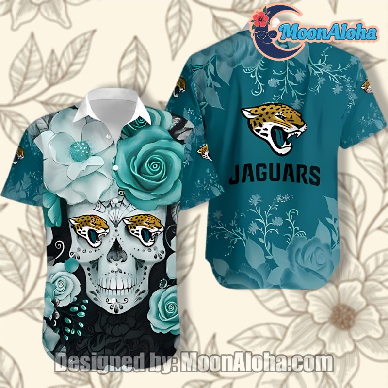 Jacksonville Jaguars Skull Design Hawaiian Shirt For Halloween Vibe image 1 Jacksonville Jaguars Skull Design Hawaiian Shirt For Halloween Vibe image 1