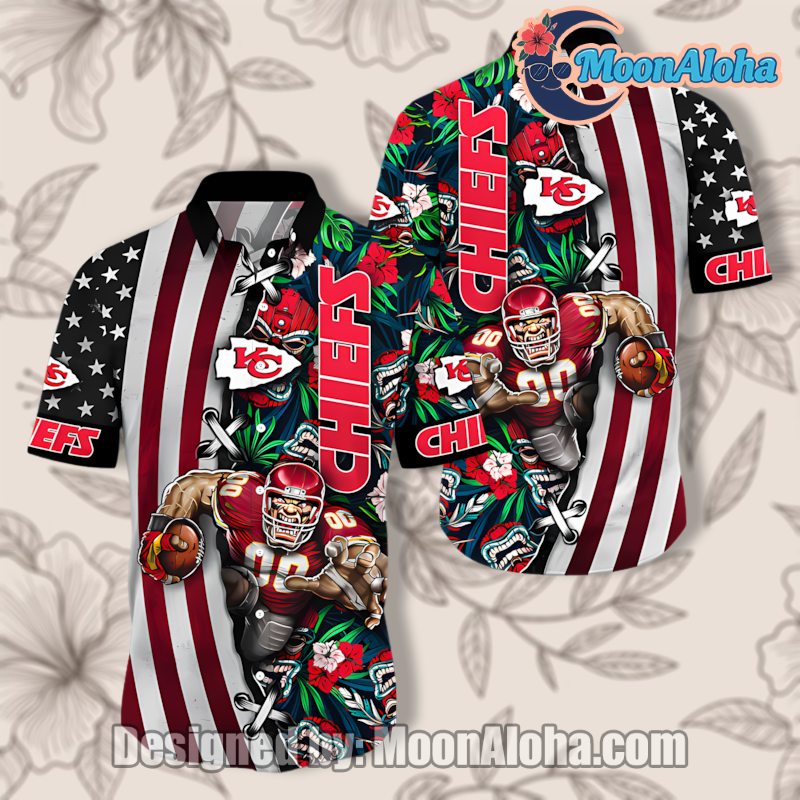 Kansas City Chiefs America Flag Red Tropical Mascot Hawaiian Shirt image 1 Kansas City Chiefs America Flag Red Tropical Mascot Hawaiian Shirt image 1