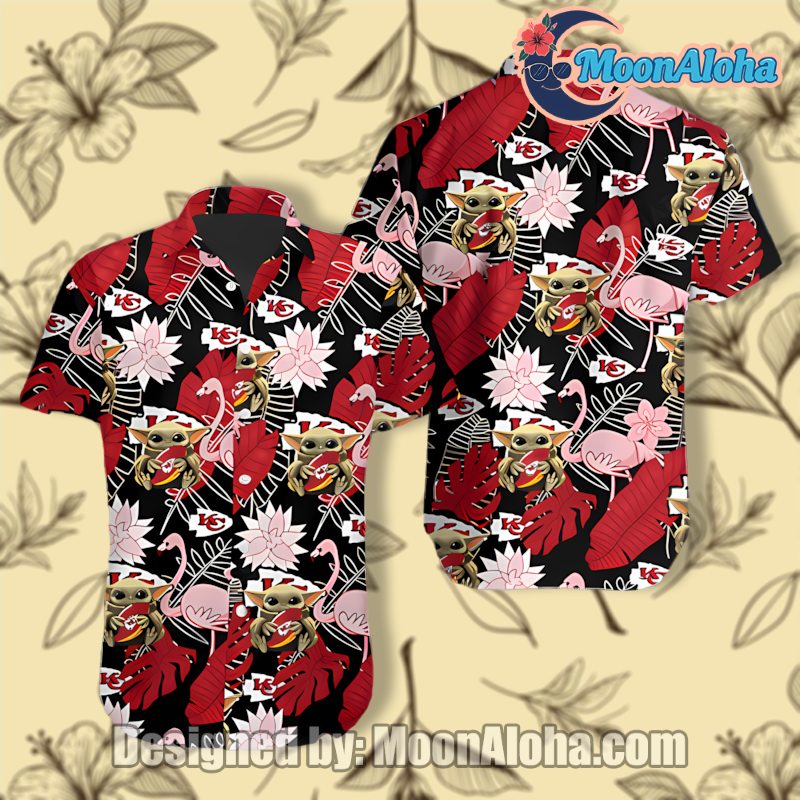Kansas City Chiefs Baby Yoda Flamingo Red Black Cute Hawaiian Shirt image 1 Kansas City Chiefs Baby Yoda Flamingo Red Black Cute Hawaiian Shirt image 1