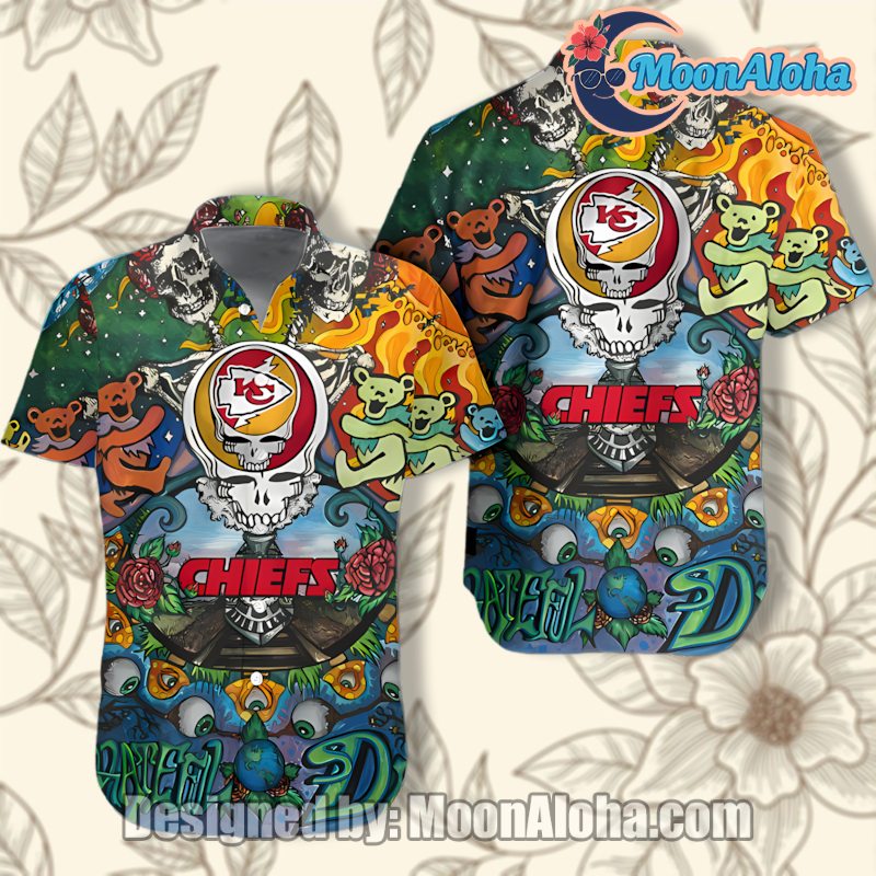 Kansas City Chiefs Green Grateful Dead Skull Hawaiian Shirt Look image 1 Kansas City Chiefs Green Grateful Dead Skull Hawaiian Shirt Look image 1