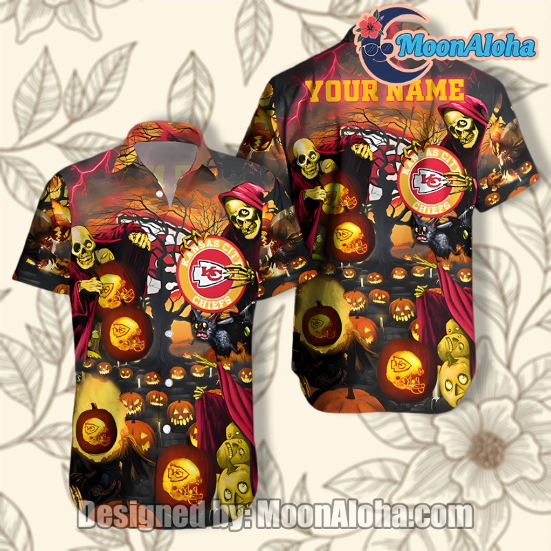 Kansas City Chiefs Yellow Pumpkin Skeleton Halloween Hawaiian Shirt image 1 Kansas City Chiefs Yellow Pumpkin Skeleton Halloween Hawaiian Shirt image 1