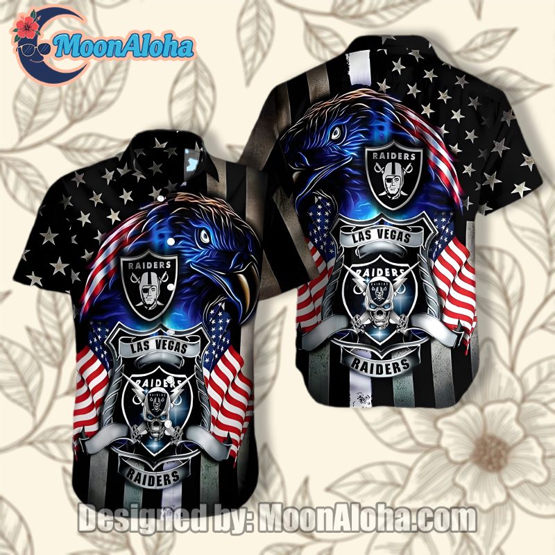 Las Vegas Raiders Black Funky 4th Of July Hawaiian Shirt For Fans image 1 Las Vegas Raiders Black Funky 4th Of July Hawaiian Shirt For Fans image 1