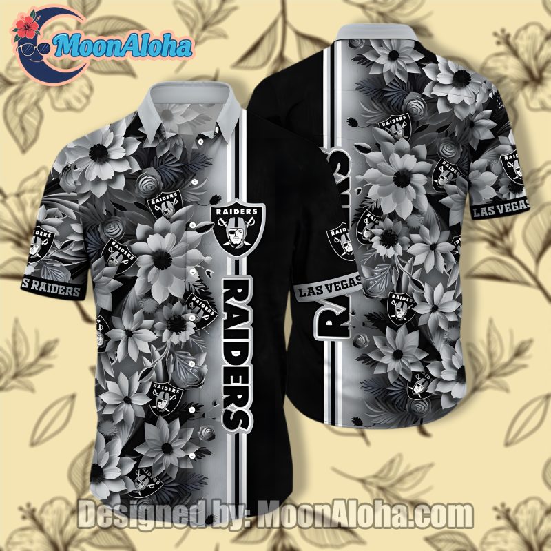 Las Vegas Raiders Grey Flowers Summer Hawaiian Shirt For Vacation image 1 Las Vegas Raiders Grey Flowers Summer Hawaiian Shirt For Vacation image 1