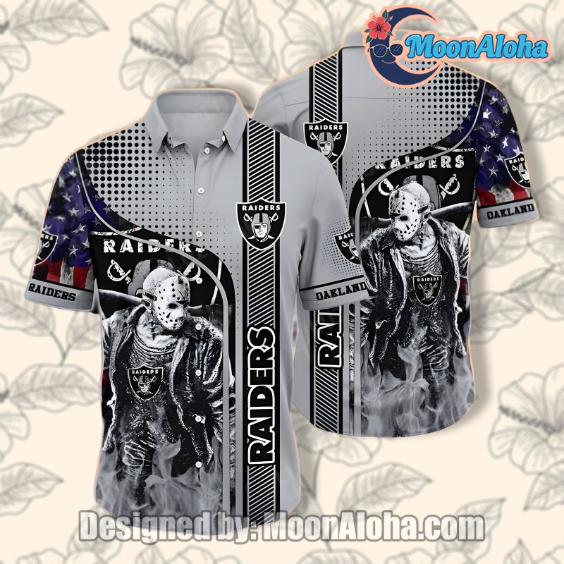Las Vegas Raiders Jason Voorhees Grey Halloween Cheap Hawaiian Shirt image 1 Las Vegas Raiders Jason Voorhees Grey Halloween Cheap Hawaiian Shirt image 1