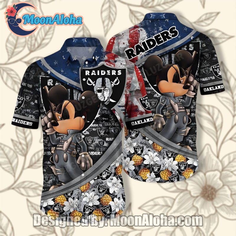 Las Vegas Raiders Mickey Mouse Grey Hawaiian Button Up Shirt Style image 1 Las Vegas Raiders Mickey Mouse Grey Hawaiian Button Up Shirt Style image 1