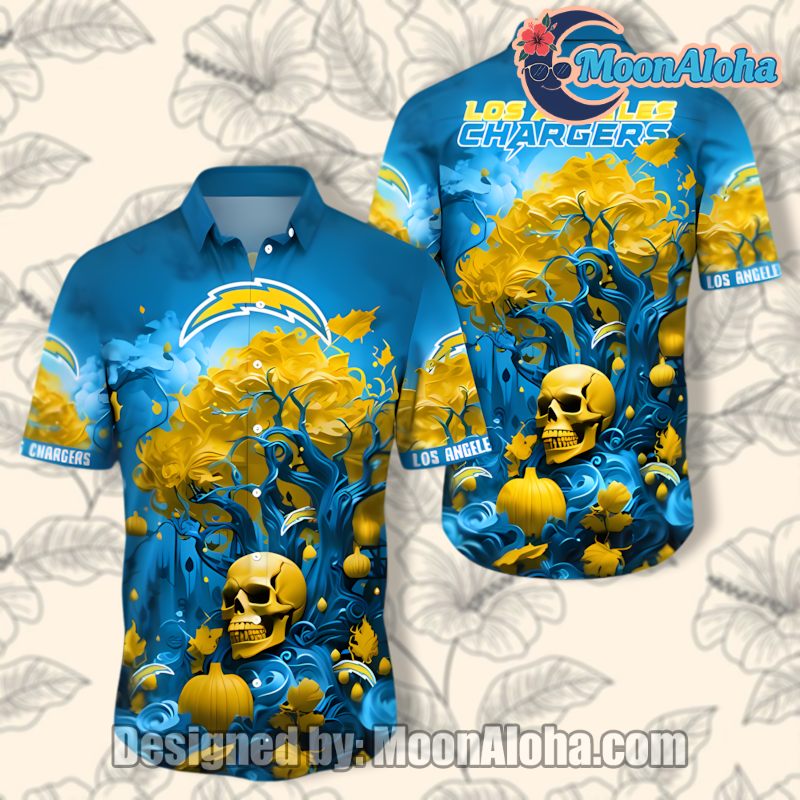 Los Angeles Chargers Blue Horror Skull Unisex Hawaiian Shirt Design image 1 Los Angeles Chargers Blue Horror Skull Unisex Hawaiian Shirt Design image 1