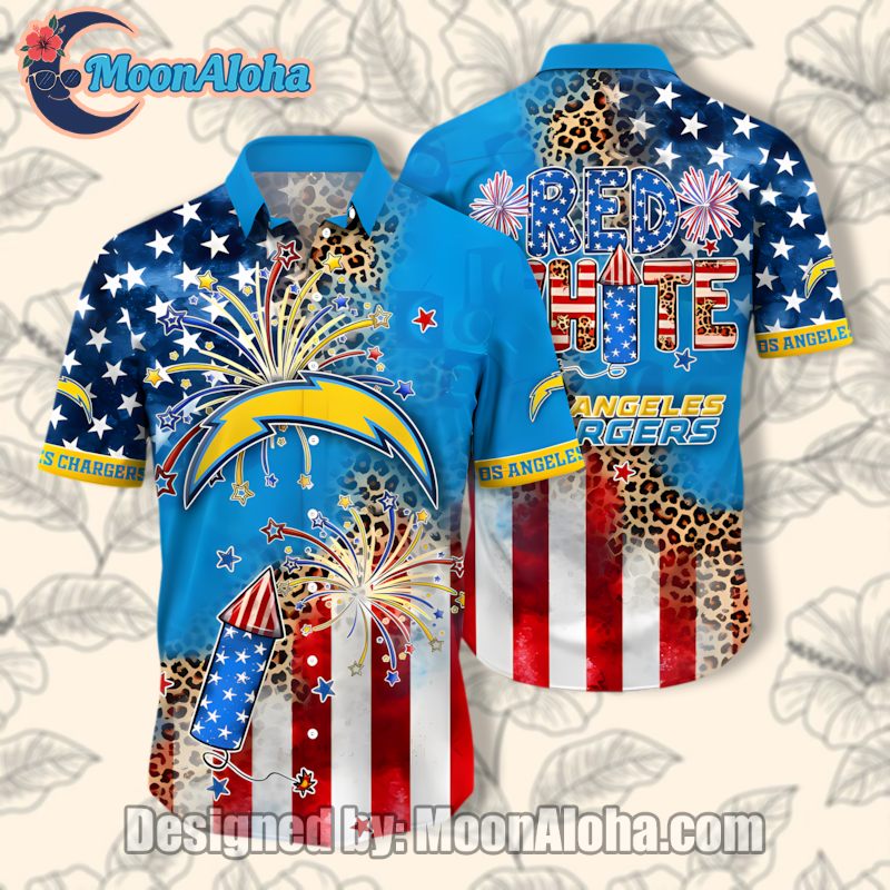 Los Angeles Chargers Red Blue 4Th Of July Hawaiian Button Up Shirt image 1 Los Angeles Chargers Red Blue 4Th Of July Hawaiian Button Up Shirt image 1