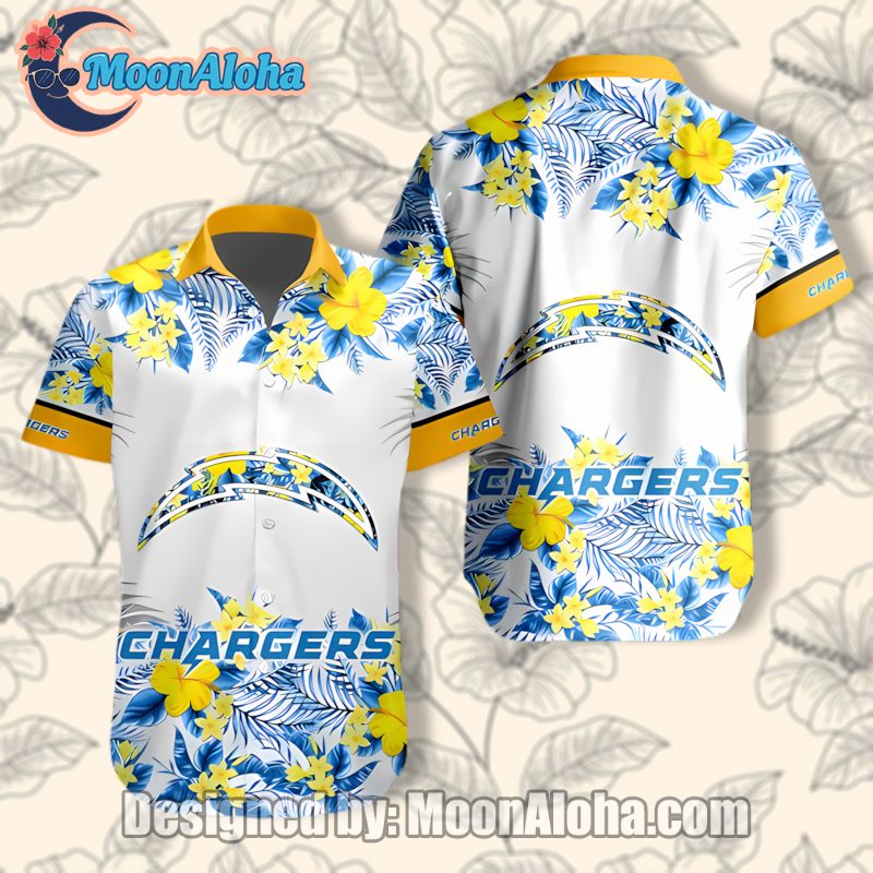 Los Angeles Chargers White Hibiscus Quality Hawaiian Shirt For Fans image 1 Los Angeles Chargers White Hibiscus Quality Hawaiian Shirt For Fans image 1