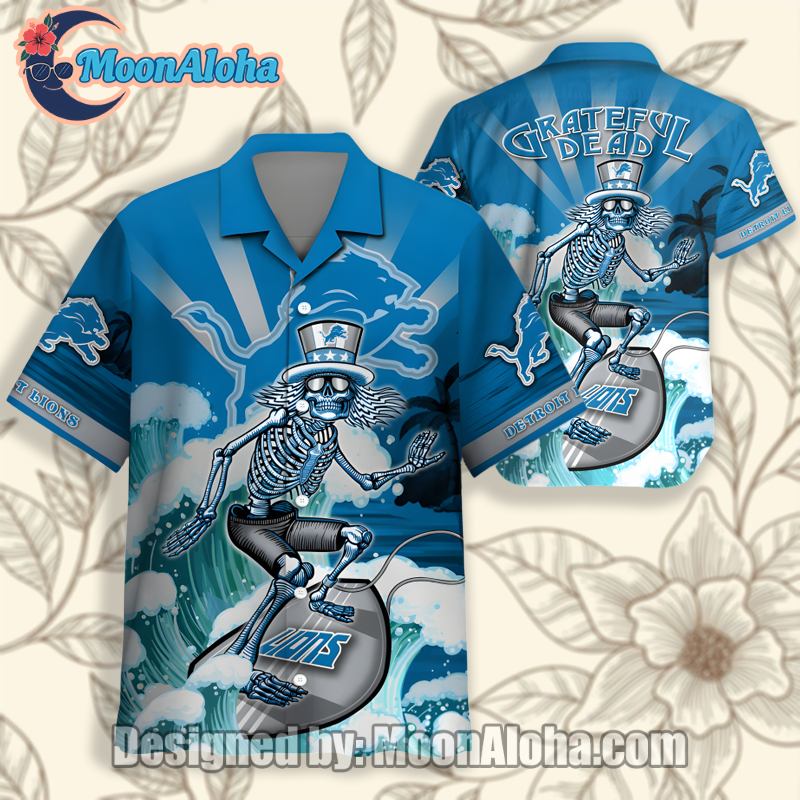 Detroit Lions Skeleton Surfing Summer Blue Funky Hawaiian Shirt