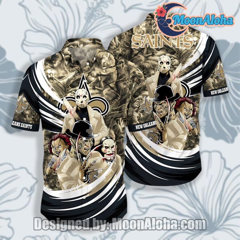 Horror Jason Freddy Chucky Mask New Orleans Saints Beige Hawaiian Shirt Outfit