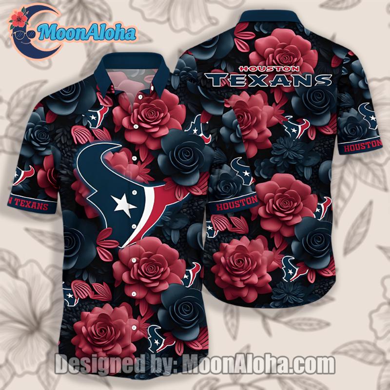 Houston Texans Red Black Rose Floral Formal Hawaiian Shirt image 1 Houston Texans Red Black Rose Floral Formal Hawaiian Shirt image 1