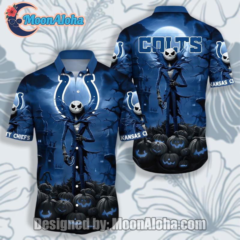 Indianapolis Colts Halloween Jack Skellington Blue Unisex Hawaiian Shirt image 1 Indianapolis Colts Halloween Jack Skellington Blue Unisex Hawaiian Shirt image 1