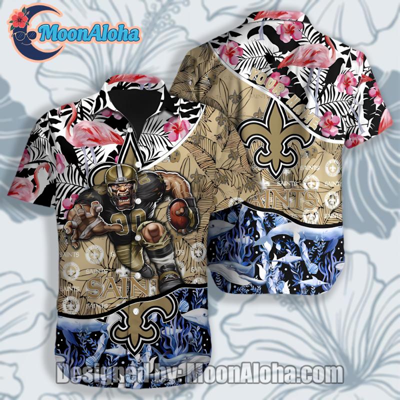 Mascot Flamingo Shark Blue With New Orleans Saints Stylish Hawaiian Shirt