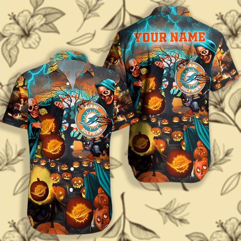 Miami Dolphins Spooky Halloween Pumpkins Hawaiian Button Down Shirt