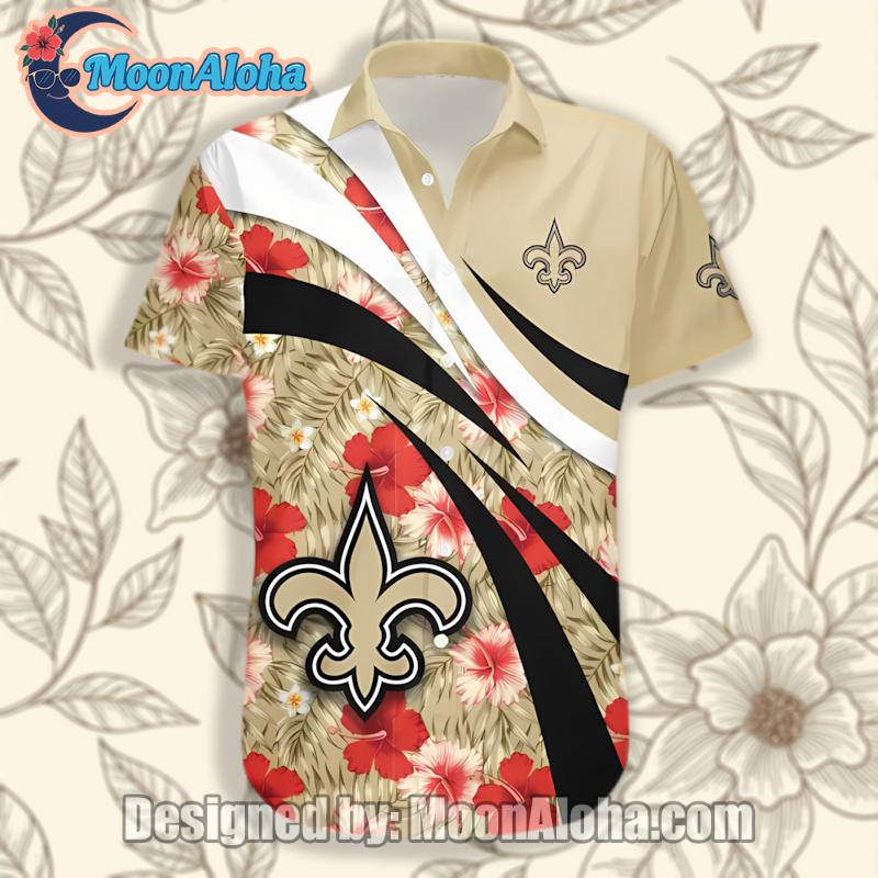 New Orleans Saints Beige Red Hibiscus Tropical Leaf Wave Stripe Crazy Hawaiian Shirt