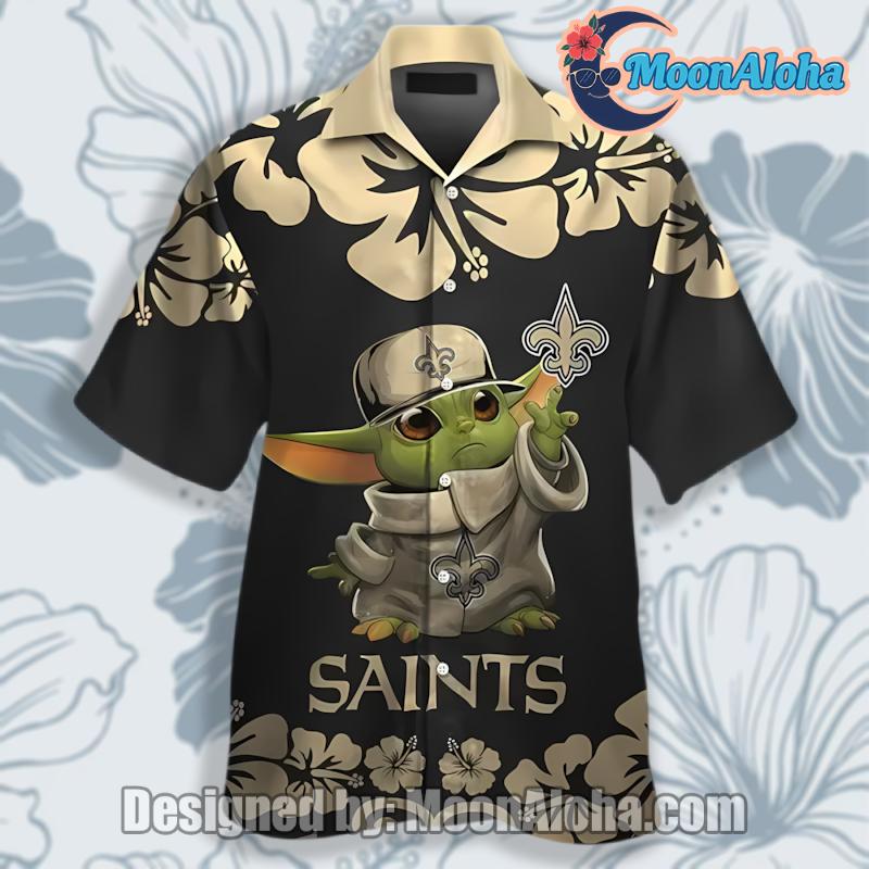 New Orleans Saints Black Beige Hibiscus Baby Yoda Fan Best Aloha Shirt