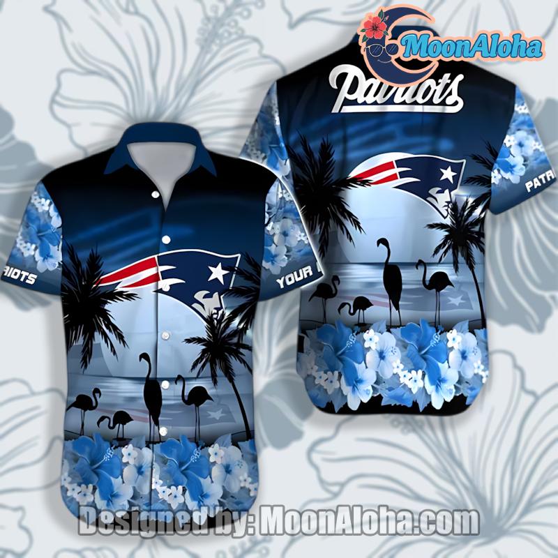Personalized Patriots Blue Flamingos With Hibiscus Flowers Vintage Aloha Shirts