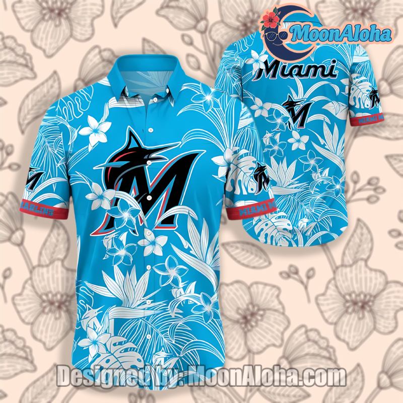 Miami Marlins Monstera Leaves White Blue Aloha Print Hawaiian Shirt image 1 Miami Marlins Monstera Leaves White Blue Aloha Print Hawaiian Shirt image 1