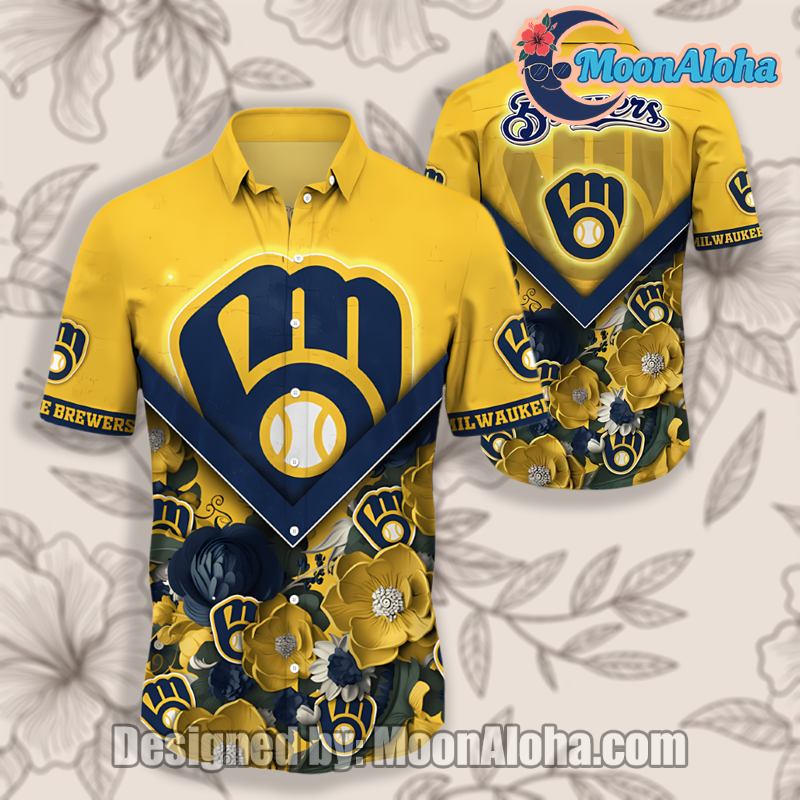 Milwaukee Brewers Lotus Floral Yellow Aloha Print Hawaiian Shirt image 1 Milwaukee Brewers Lotus Floral Yellow Aloha Print Hawaiian Shirt image 1