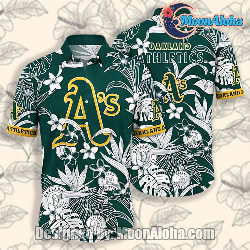 Oakland Athletics Monstera Leaves Yellow Green Cute Hawaiian Shirt image 1 Oakland Athletics Monstera Leaves Yellow Green Cute Hawaiian Shirt image 1