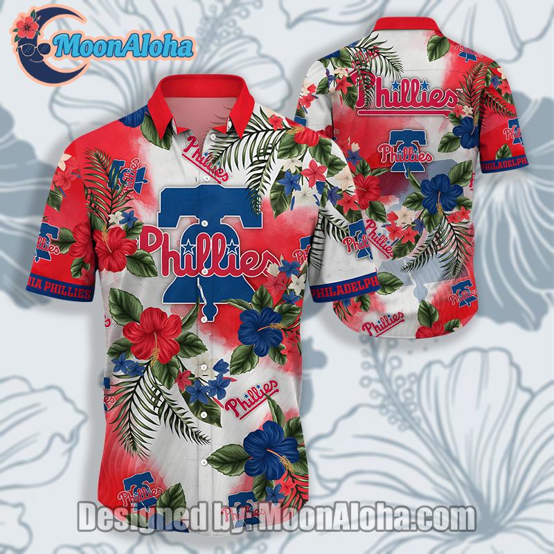 Philadelphia Phillies Palm Hibiscus Leaf White Printed Hawaiian Shirt image 1 Philadelphia Phillies Palm Hibiscus Leaf White Printed Hawaiian Shirt image 1