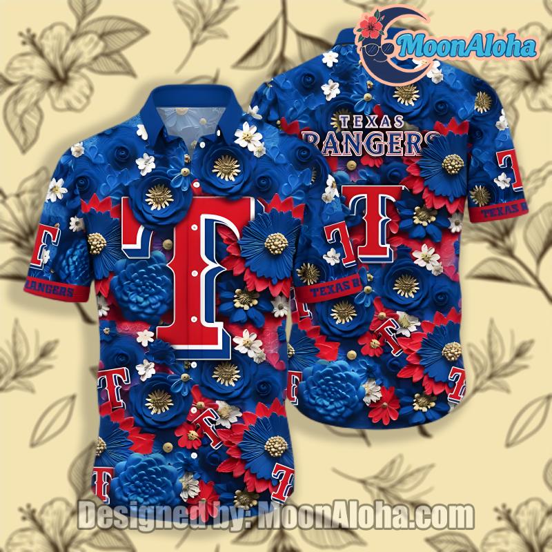 Texas Rangers Cactus Flower Blue Hawaiian Button Up Shirt