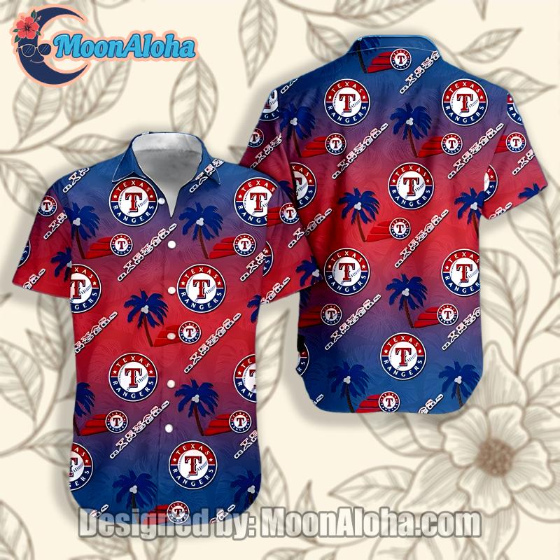Texas Rangers Coconut Tree Blue Slim Fit Hawaiian Shirt
