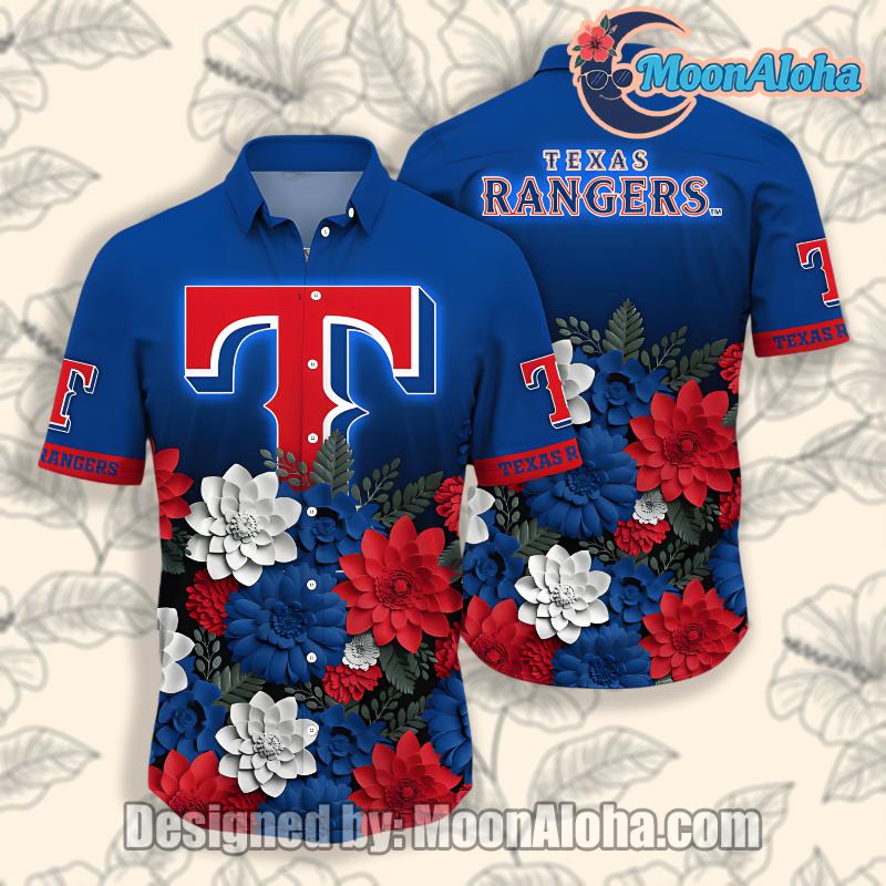 Texas Rangers Floral Logo Red Blue Hawaiian Button Up Shirt