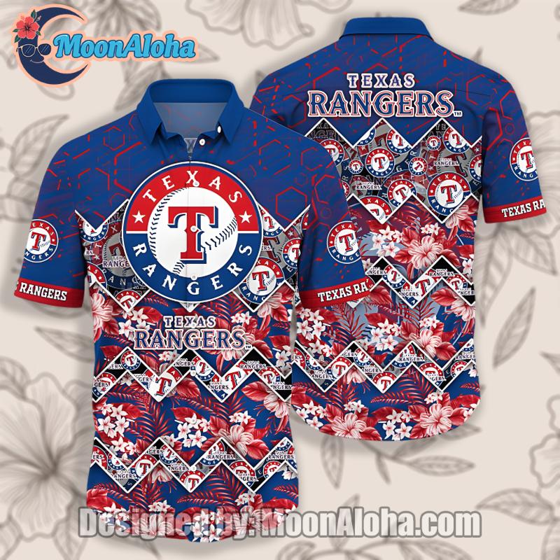 Texas Rangers Red Blue Tropical Printed Hawaiian Shirt
