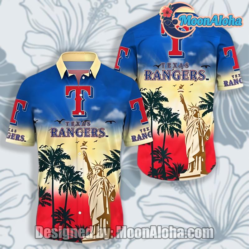 Texas Rangers Statue Of Liberty Yellow Blue Slim Fit Hawaiian Shirt