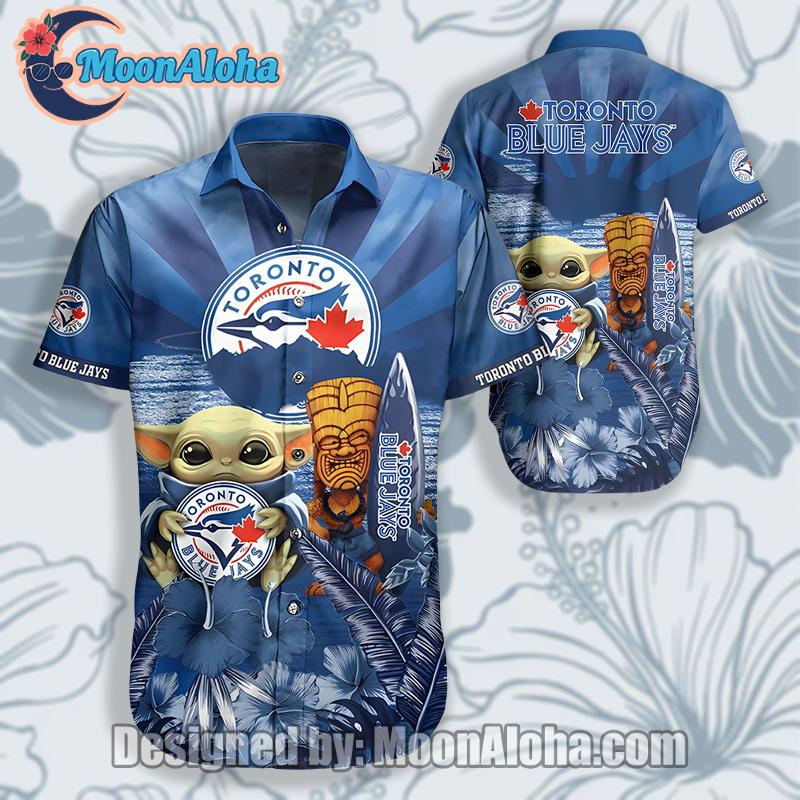 Toronto Blue Jays Baby Yoda Surfboard Tiki Blue Hawaiian Shirt