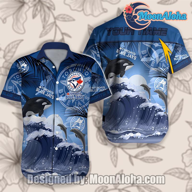 Toronto Blue Jays Personalized Ocean Wave Dolphins Blue Aloha Shirt