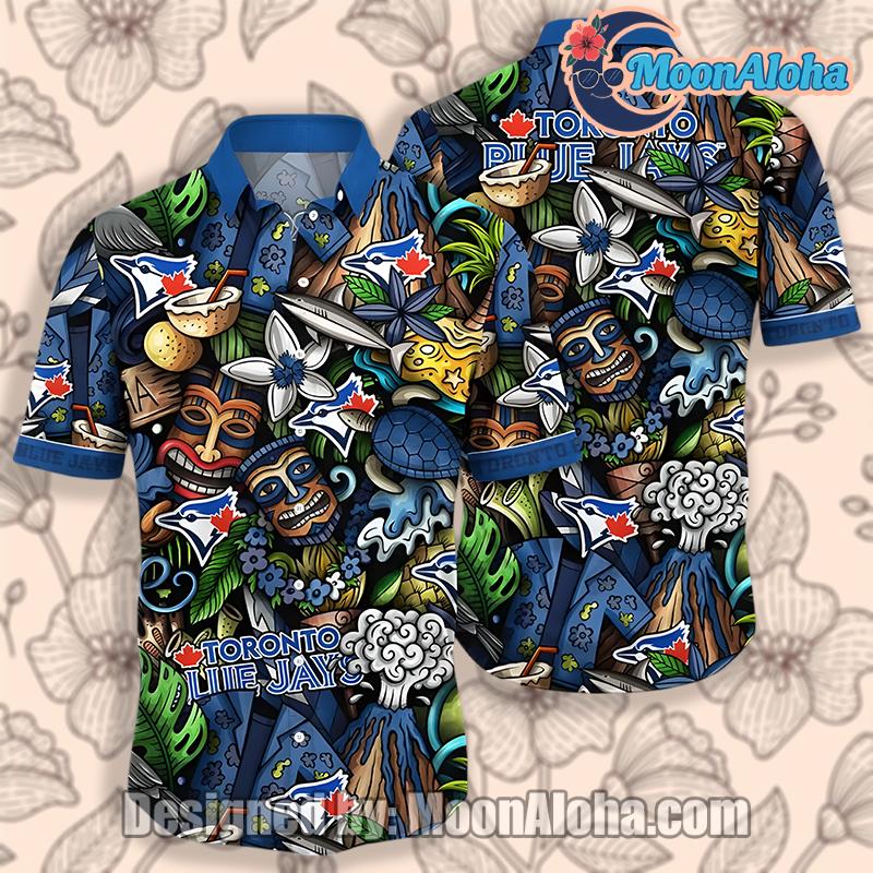 Toronto Blue Jays Tiki Flower Blue Hawaiian Shirt