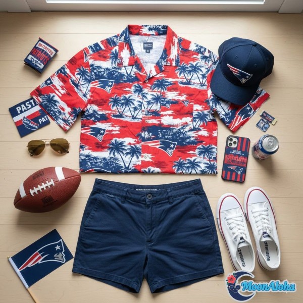 Complete Patriots Hawaiian Shirt Gameday Outfit Flatlay Complete Patriots Hawaiian Shirt Gameday Outfit Flatlay
