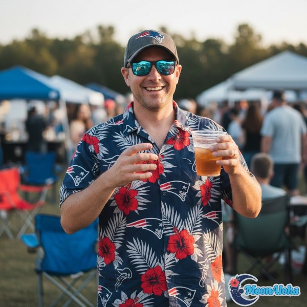 Football Fan Wearing Patriots Themed Hawaiian Shirt Football Fan Wearing Patriots Themed Hawaiian Shirt