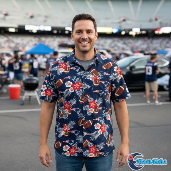 Patriots Fan Wearing Hawaiian Shirt Game Day Patriots Fan Wearing Hawaiian Shirt Game Day