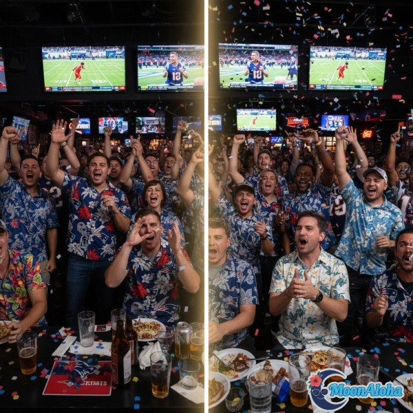 Patriots Fans Celebrating In Hawaiian Shirts Group Patriots Fans Celebrating In Hawaiian Shirts Group