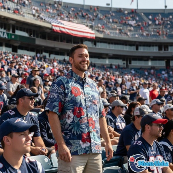 Patriots Hawaiian Shirt Stadium Game Day Fan Wearing Patriots Hawaiian Shirt Stadium Game Day Fan Wearing
