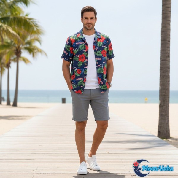 Patriots Hawaiian Shirt With Neutral Shorts Summer Style Patriots Hawaiian Shirt With Neutral Shorts Summer Style
