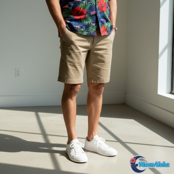 White Sneakers With Patriots Hawaiian Shirt Styling White Sneakers With Patriots Hawaiian Shirt Styling